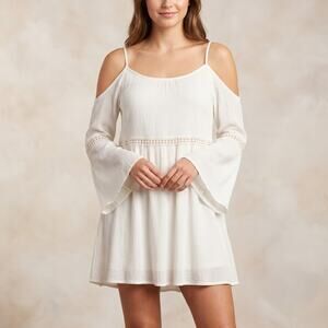 Birdcage Women's Boho Cold Shoulder Dress Bell Sleeve Crochet Gauze White M